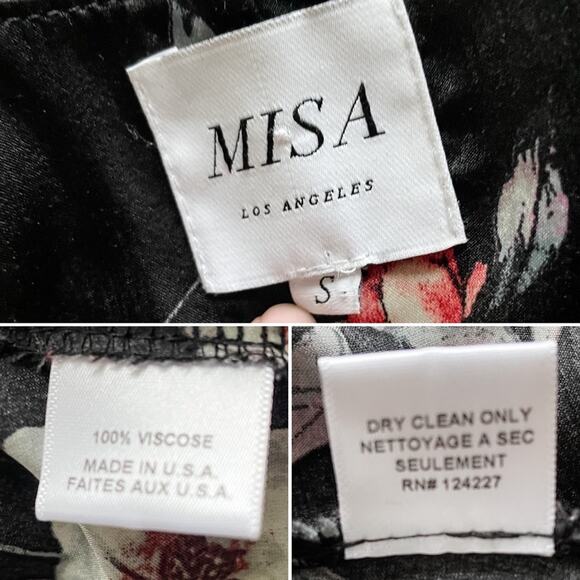 MISA Los Angeles Luna Black Floral Satin Balloon Sleeve Wrap Dress size S small - Picture 9 of 10